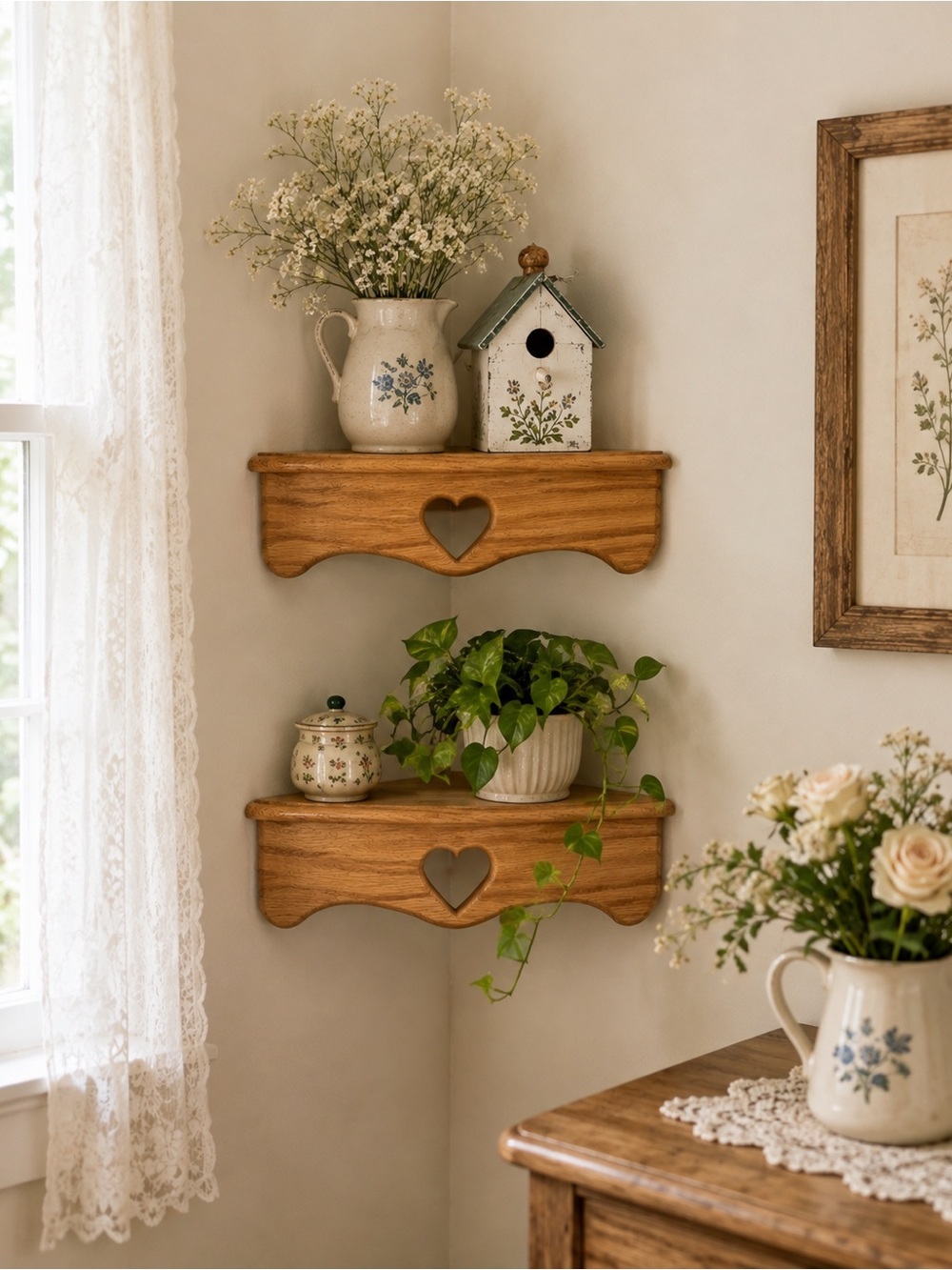 Set of 2 Classic Heart Cutout Wooden Corner Wall Shelves in Natural Oak